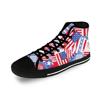 США Звезды американского флага Патриотическая легкая ткань с 3D принтом, модная парусиновая обувь с высоким берцем, Мужские и женские повседневные дышащие кроссовки