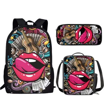 Сексуальный дизайн губ, 3 шт./компл. Школьная сумка, повседневный рюкзак для девочек-подростков, Студенческий городок, сумка для книг с сумкой для ланча, сумка для карандашей