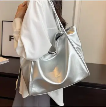 Серебристые Кожаные Большие Сумки через Плечо Сбоку для Женщин 2023 Trend Vintage Y2K Сумки большой емкости Lady Tote Bag bolsas mujer sac 가방