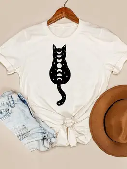 Тренд Cat Moon, прекрасный стиль, женская футболка с коротким рукавом и принтом, графические футболки, футболка, модная одежда с принтом на лето и весну.