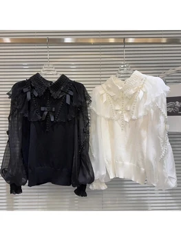 ХАЙ-СТРИТ, новая мода 2024, дизайнерская блузка, женская трикотажная рубашка с бантом, украшенная жемчугом