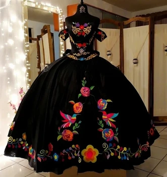 Черные пышные платья принцессы, бальное платье с вышивкой на плечах, Сладкие 16 платьев, 15 мексиканских нарядов.