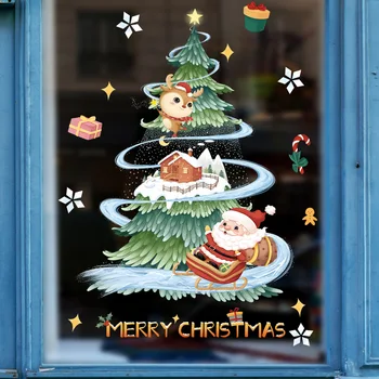 Электростатические наклейки на рождественское окно, Санта-Клаус, Рождественская елка, мультяшная стеклянная наклейка, С Рождеством 2024, Новогодний декор для вечеринки