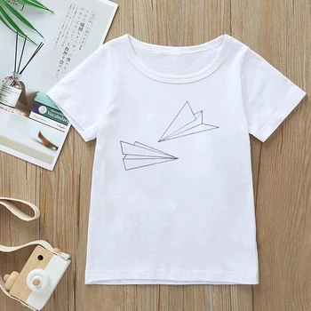 Летняя футболка с рисунком бумажного самолета Для девочек, Хлопковая футболка с короткими рукавами для мальчиков, Детская уличная одежда с буквенным принтом